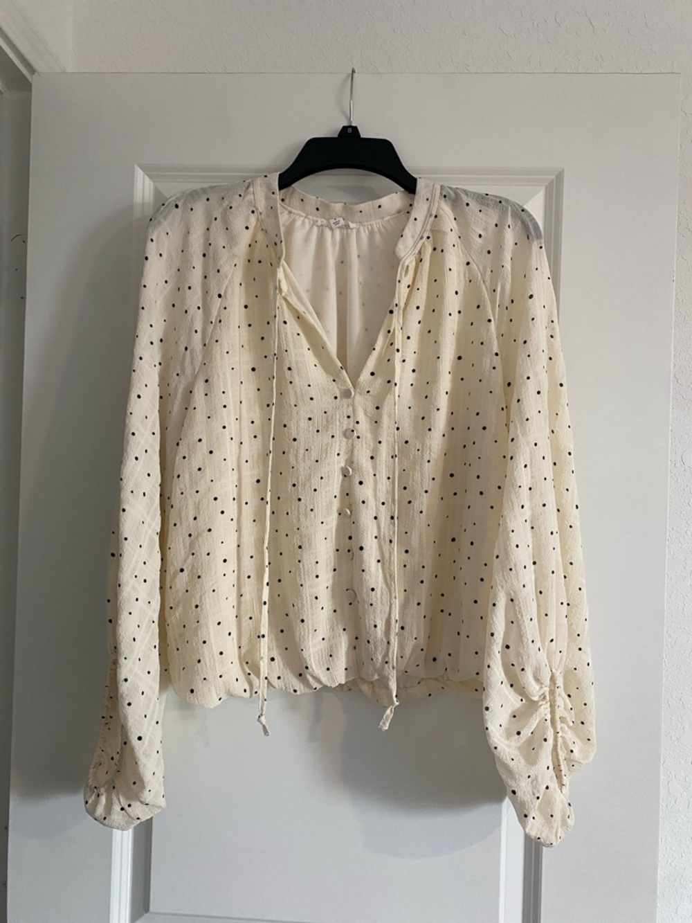 Blu Pepper Cream Polka Dot V-Neck Long Sleeve Blouse